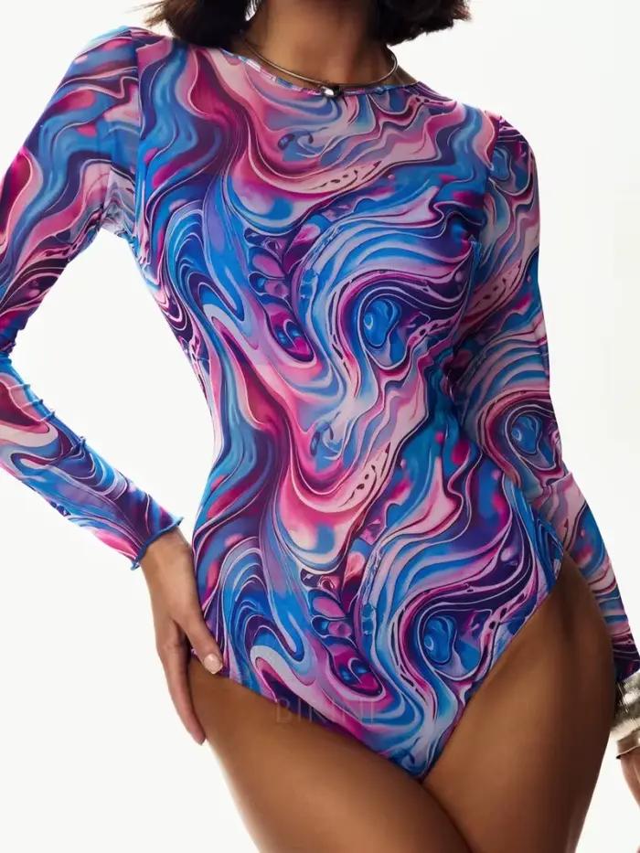 Maillot de bain imprimé femme, manches longues en maille, coupe ajustée, tenue de plage tendance pou