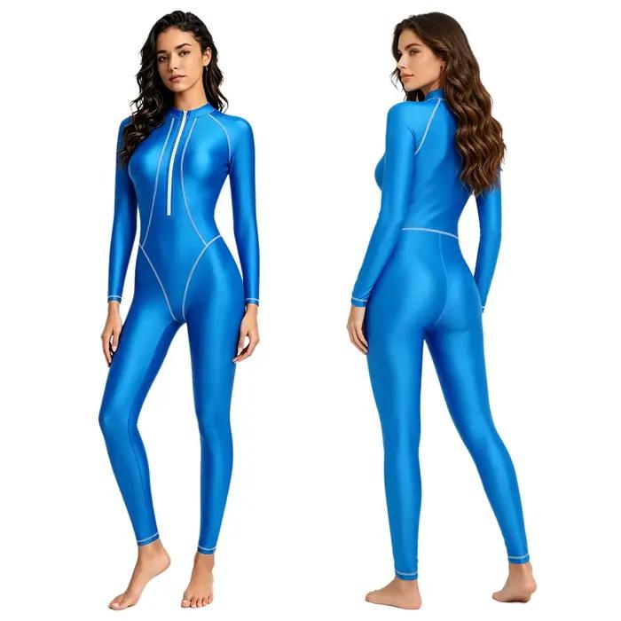 Combinaison de bain intégrale brillante pour femme, manches longues et pantalon long, protection UV 