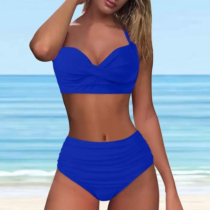 Maillot de bain bikini deux pièces pour femme, taille haute, push-up, sexy, solide, document, ensemb