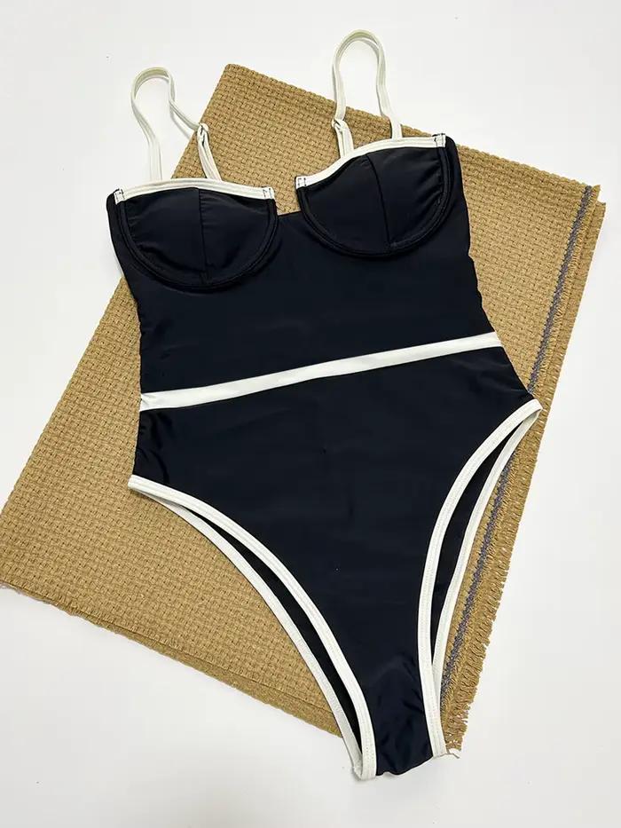 Maillot de bain une pièce, couleur contrastée, noir et blanc, Push Up, pour femmes, Monokini, vêteme