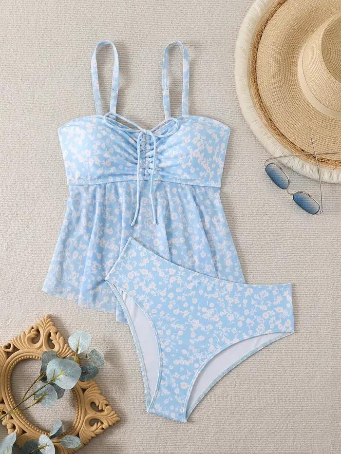 2026 Tankini à volants deux pièces pour femme, maillot de bain à bretelles avec cordon de serrage, t