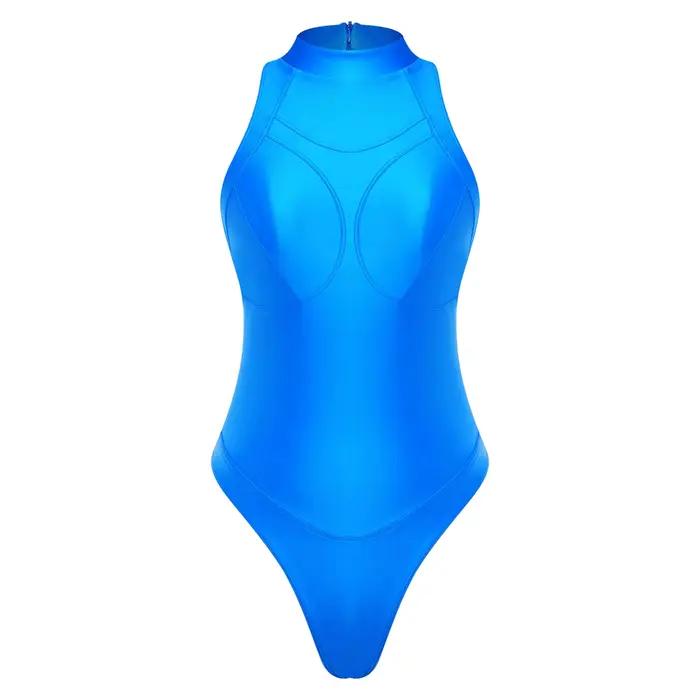 Maillot de bain une pièce pour femme, manches courtes, dos nu, coupe ajustée, effet brillant, pour l