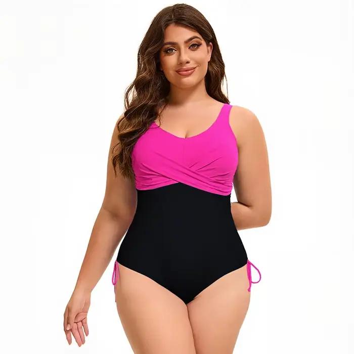 Maillot de bain une pièce grande taille pour femmes, contrôle du ventre, couleurs bloc, vêtements d'