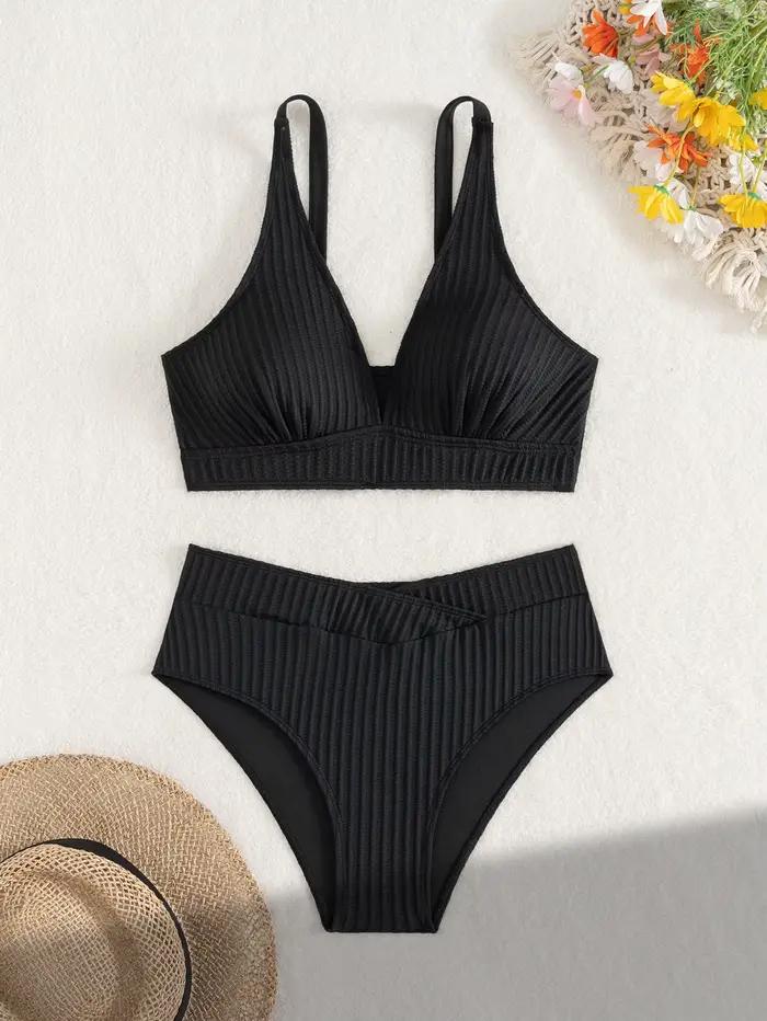 Sexy taille haute Bikini ensemble 2025 femmes col en V côtelé Push Up deux pièces maillot de bain ét