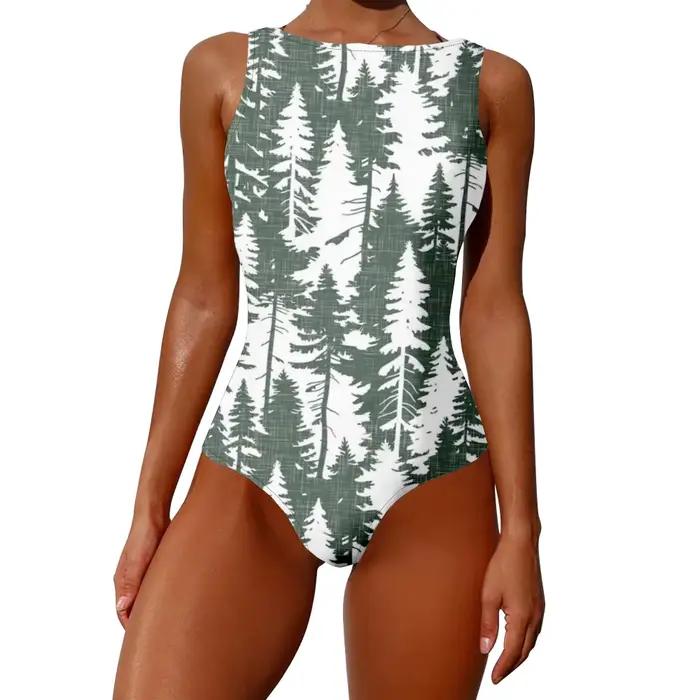 Maillot de bain une pièce forêt pin fleur de cerisier imprimé taille haute contrôle du ventre maillo