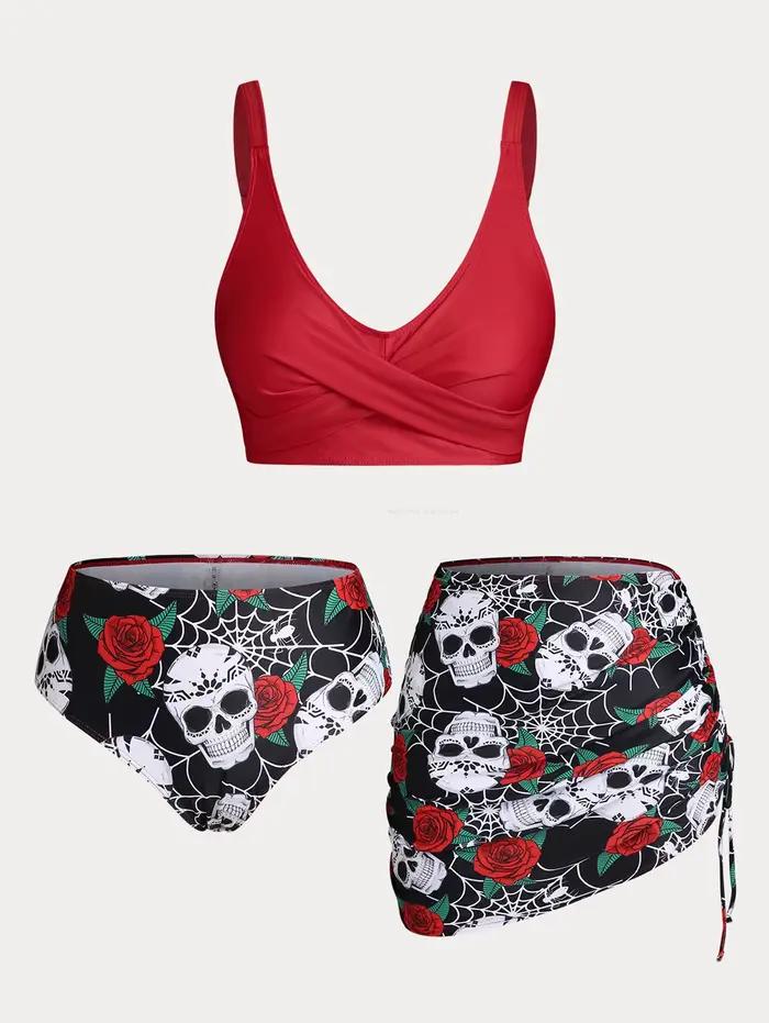 Maillots de bain trois pièces croisés à imprimé crâne et rose pour femmes grandes tailles et courbes