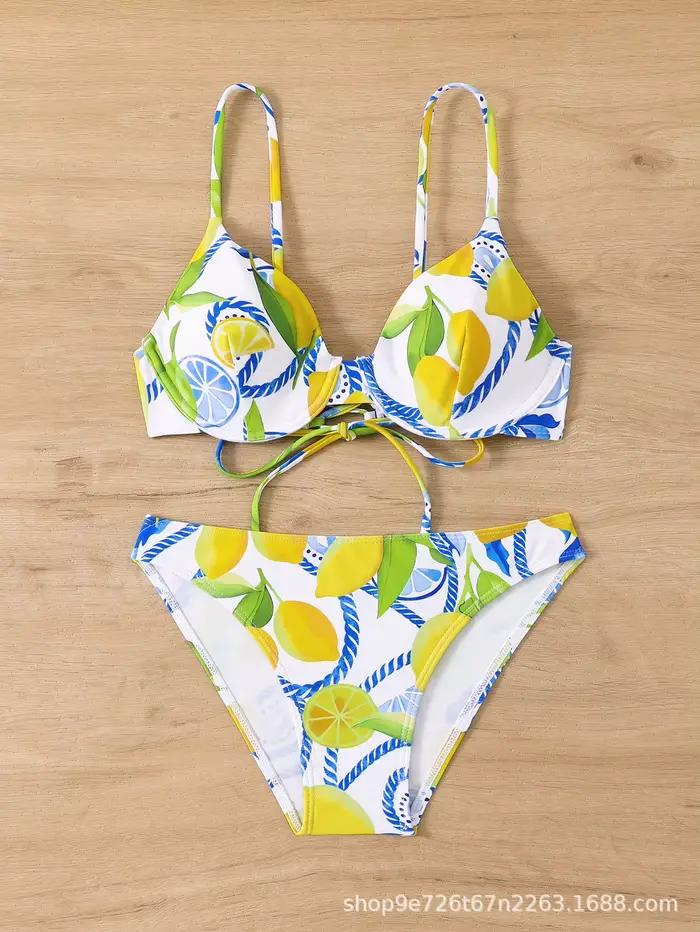 2025 Sexy citron imprimé Bikini ensemble Tropical maillot de bain deux pièces brésilien effronté cul