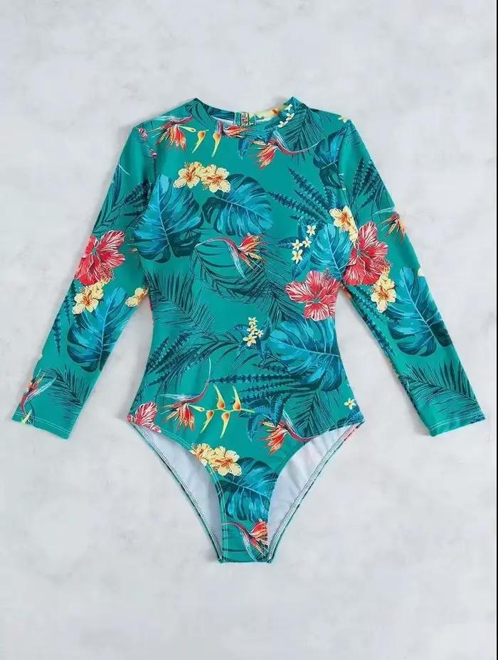 Maillot de bain une pièce à col haut, dos nu, à la mode, manches longues, adapté à la plage et à la 
