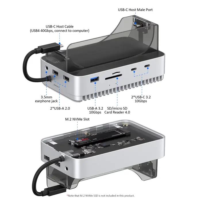 Hub USB C avec boîtier SSD M.2 40Gbps pour Mac Mini M4/M4 Pro support Station d'accueil type-c boîti