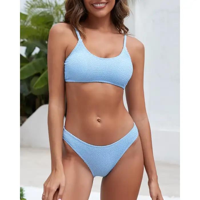 Ensembles de bikinis côtelés pour femmes, maillot de bain texturé à col rond, deux pièces, nouvelle 