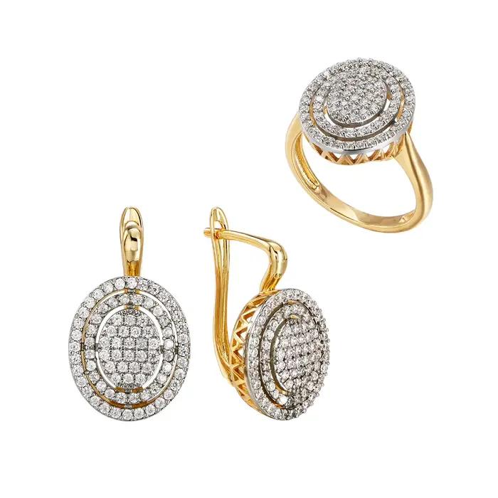 Ensemble de boucles d'oreilles et bague ovales incrustées de zircone, plaqué cuivre or 14 carats, bi
