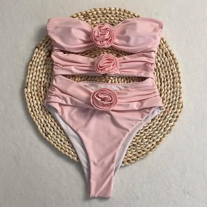 DEBAIOR Sexy Bikini 3D fleur Bandeau découpé Monokini femmes une pièce maillots de bain coupe haute 