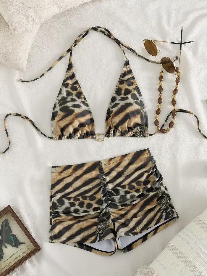 Ensemble bikini imprimé léopard et zèbre pour femmes, haut triangulaire à col licou avec short fronc