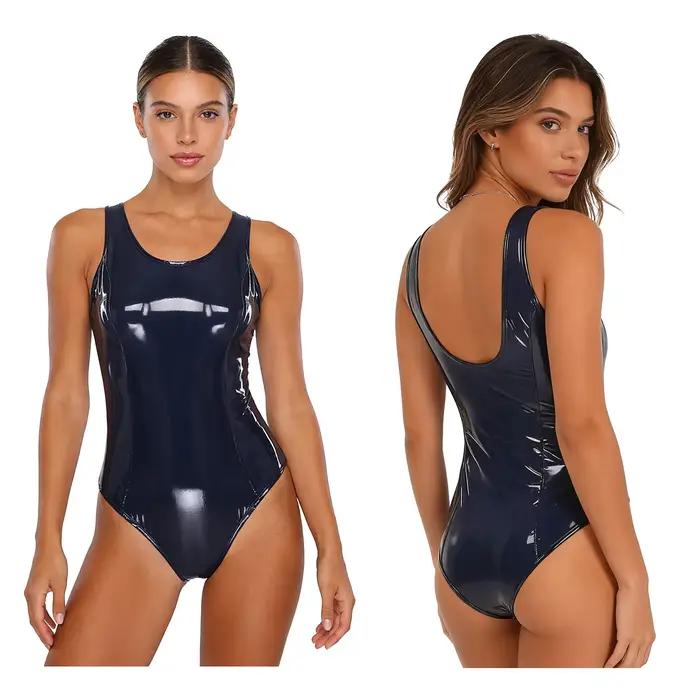 Maillot de bain une pièce en similicuir PU pour femme, col rond, sans manches, coupe haute, effet mo