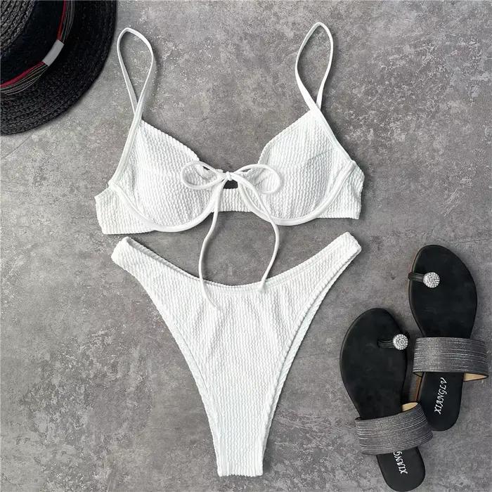 Nouveau Maillot de Bain Femme Sexy Blanc Plissé Taille Mi-Haute, Ensemble Bikini Deux Pièces K3041
