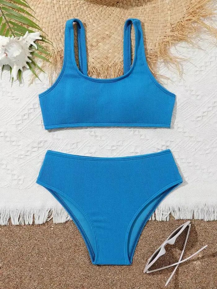 Bikini filles enfants maillot de bain 2026 nouveau bleu côtelé fronde maillots de bain pour enfants 