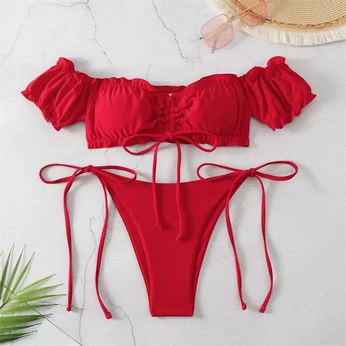 Sexy String Bikini 2024 Rouge Hors Épaule Maillot De Bain Maillot De Bain Pour Femme Femmes String B