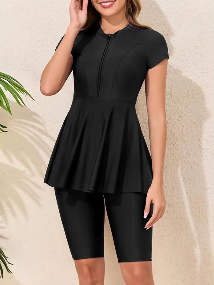 Manches courtes deux pièces maillot de bain femmes 2026 fermeture éclair maillots de bain femme soli