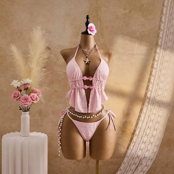 Bikini string sexy 2026 pour femme, rose, perles, découpes, plissé, volants, push-up, maillot de bai