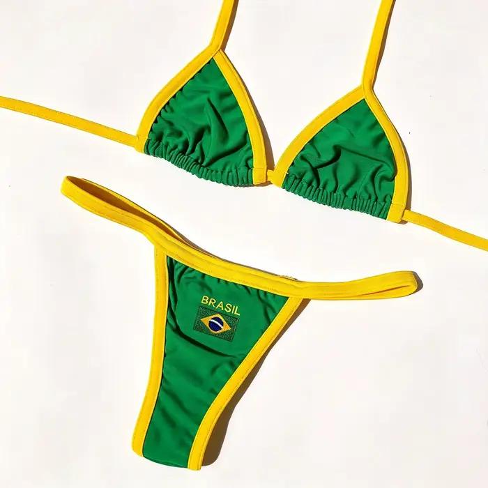 Ensemble bikini brodé drapeau brésilien pour femme, haut triangle dos nu et bas string, maillot de b