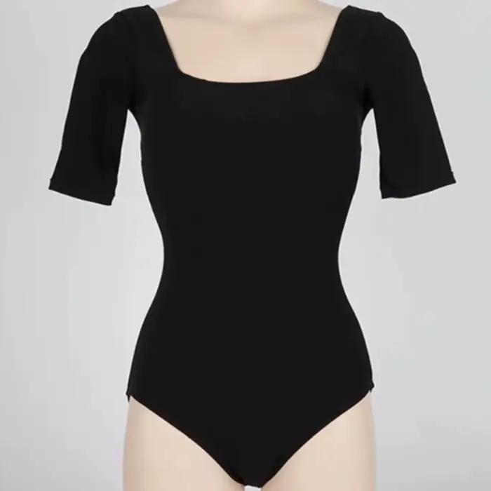Maillot de bain coréen uni ajouré, design slim, dos nu en résille, taille haute, manches courtes, po