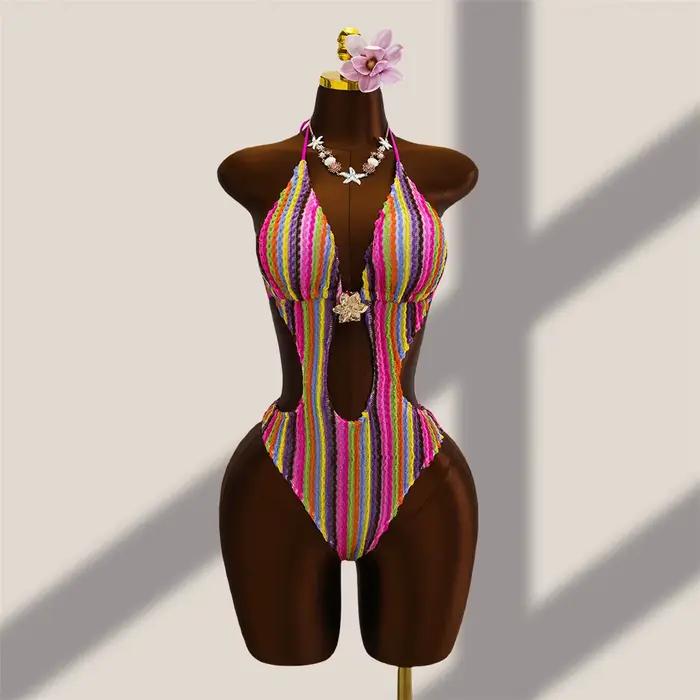 Maillot de bain une pièce coloré à rayures, coupe halter, monokini pour femme, coupe haute à la jamb