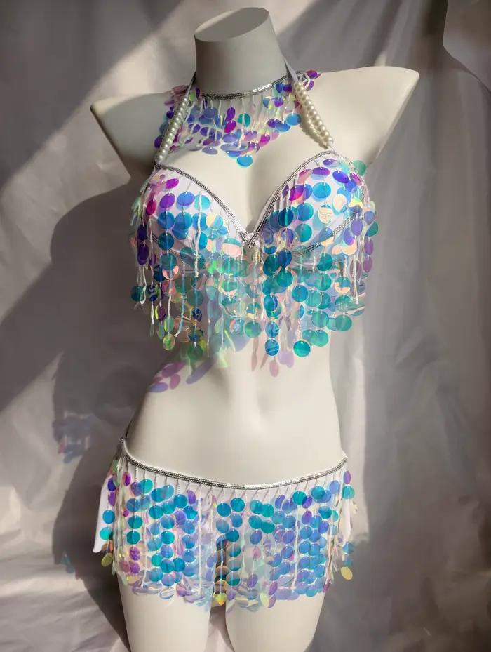 Bikini de performance sirène de luxe original fait main avec paillettes, tenue de scène pour groupe 
