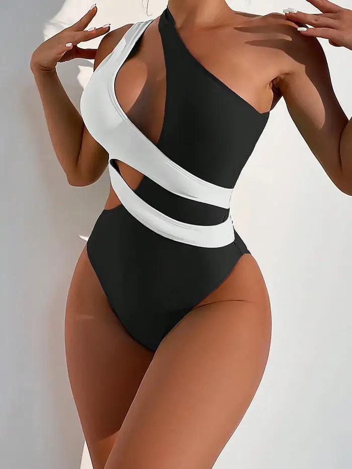 Maillot de bain une pièce en Patchwork vert, Sexy, asymétrique épaule dénudée, ajouré, contrôle du v