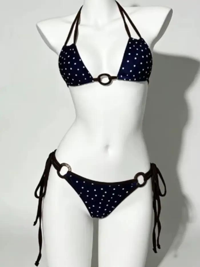 Ensemble de bikini tendance pour femme, style vintage à pois, taille basse, micro bikini triangle à 