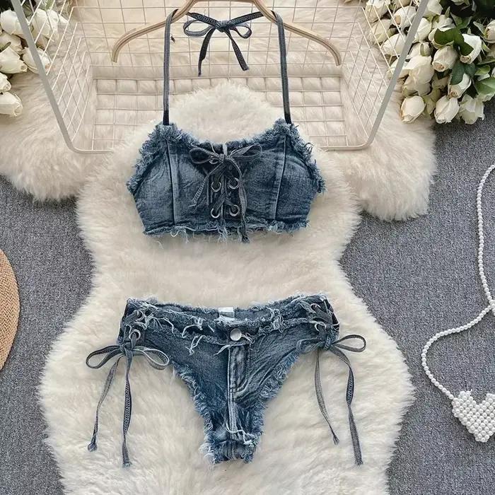 OIINAA maillot de bain femmes Sexy Denim costumes Bikini ensemble à lacets cordon maillots de bain 2