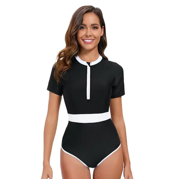 Maillot de bain Sexy noir et blanc, combinaison de Surf à manches courtes avec jambe haute, maillot 