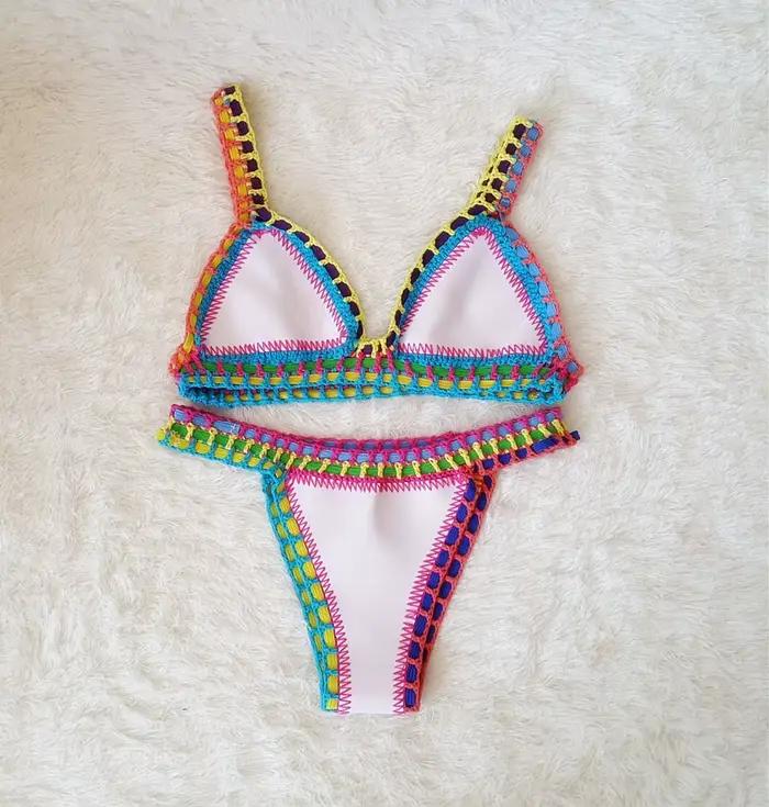 Maillot de bain réversible tricoté à la main pour femme, ensemble deux pièces, sexy, taille basse, p