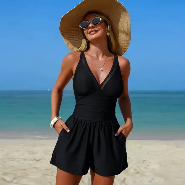 Nouveau Maillot de Bain Une Pièce Femme 2026 Couleur Unie avec Poche Sportif Conservateur Haute Élas