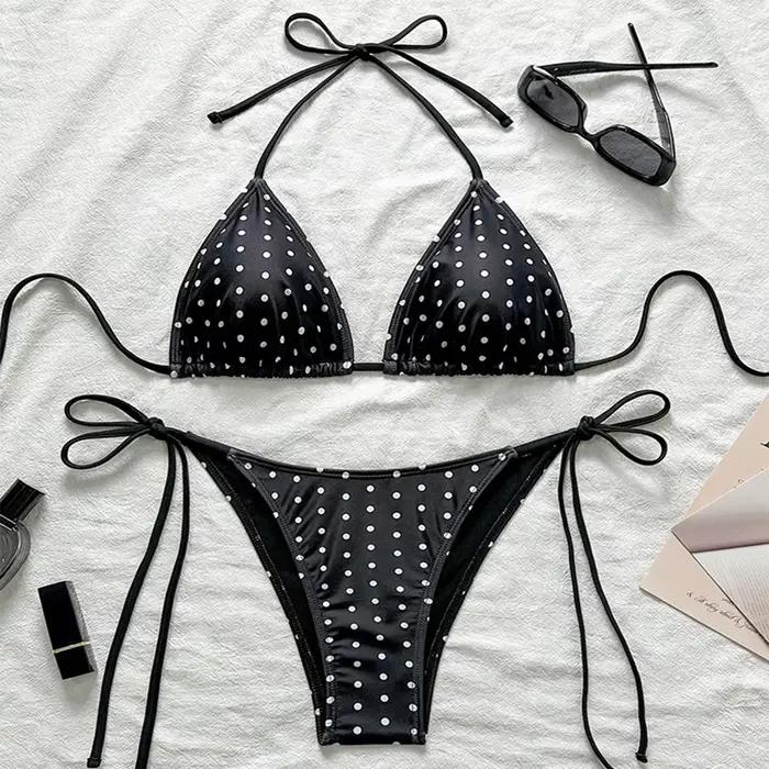 Ensemble 2 pièces de maillot de bain bikini à pois pour femme, style décontracté, idéal pour la plag