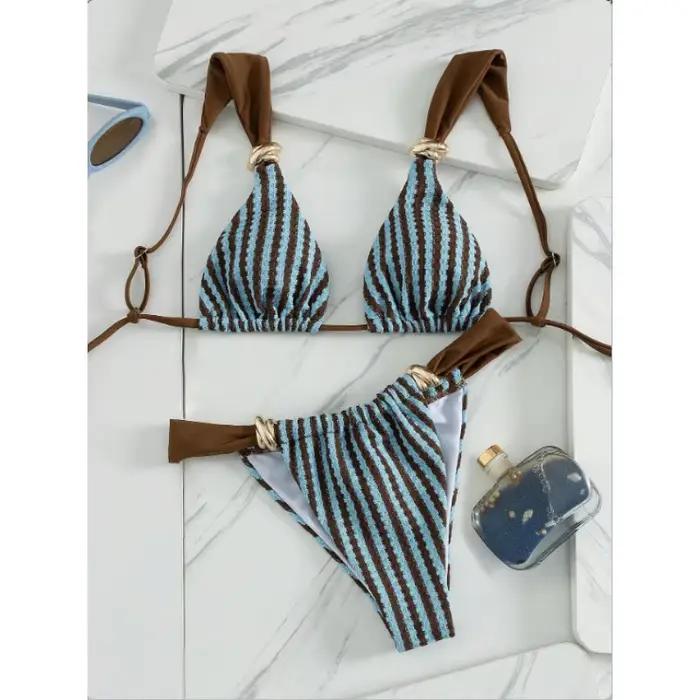 Maillot de bain rayé femme, ensemble deux pièces, tendance, à lacets, pour les vacances, tenue de pl