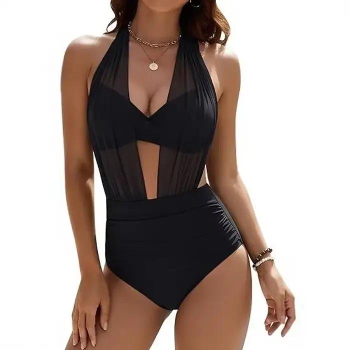 Maillot de bain une pièce sexy pour femme, effet ventre plat, en maille, col en V profond, couleur u
