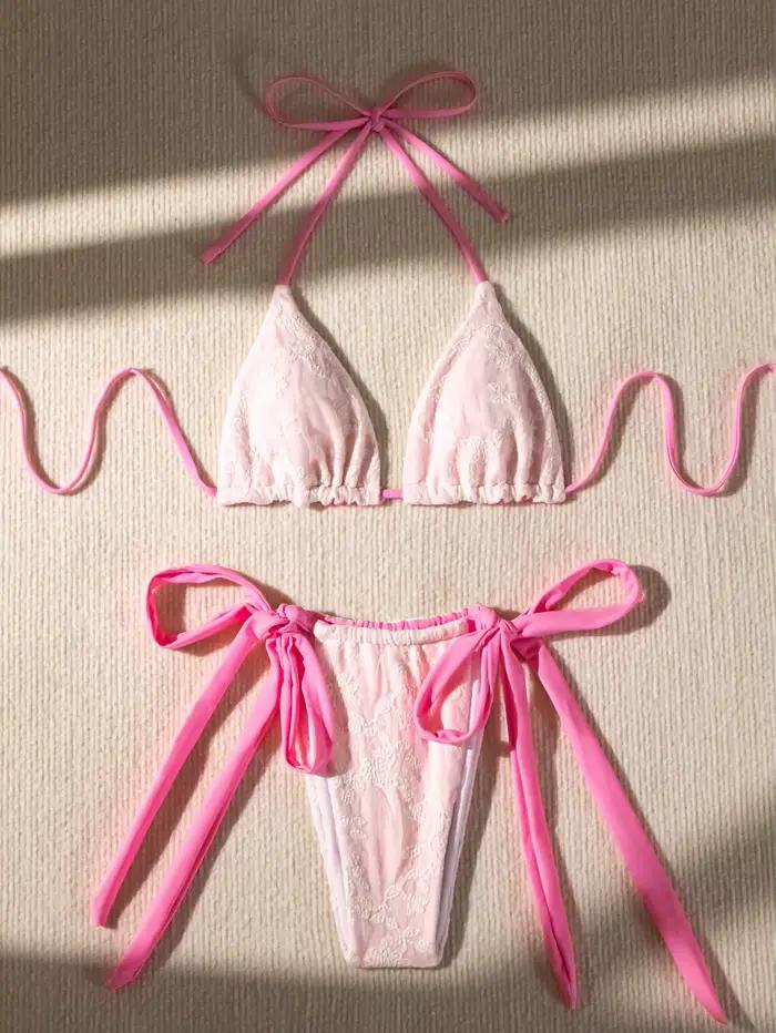 Maillot de bain deux pièces en dentelle pour femmes, rose, chic, micro, bikini, ensemble brésilien, 