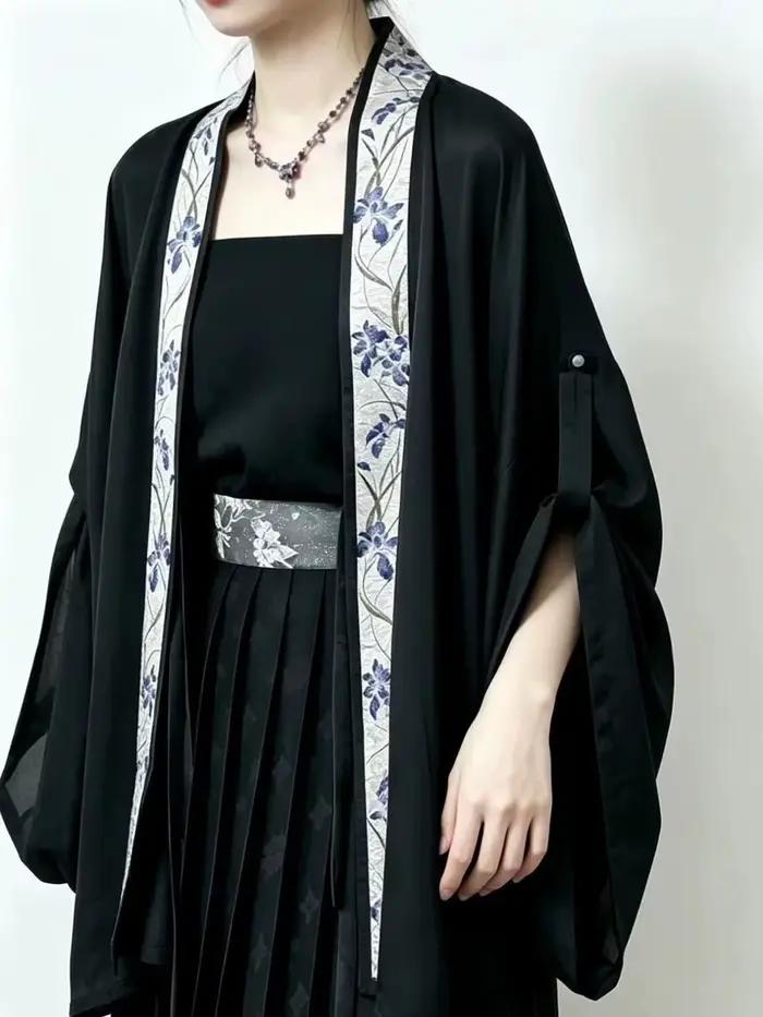 Ensemble Hanfu d'été style Song surdimensionné 8XL pour femme, col kimono, cardigan noir et violet, 