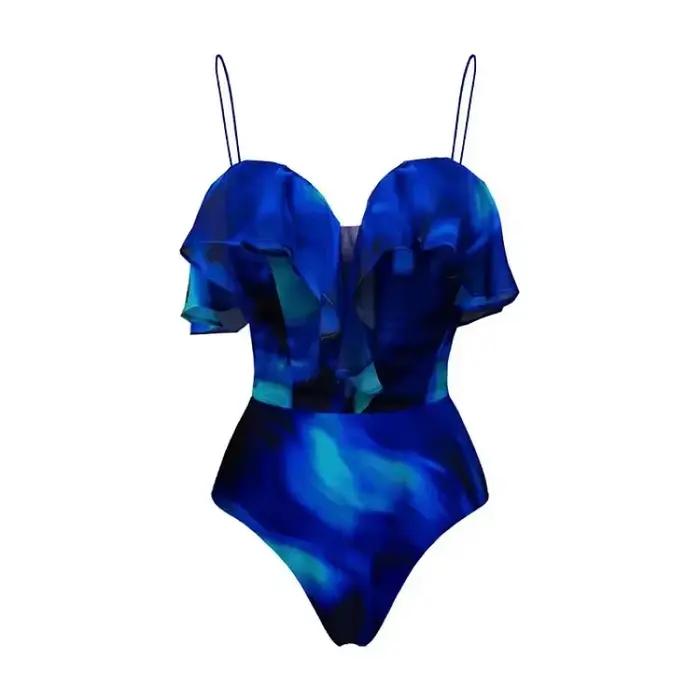 Maillot de bain une pièce à volants et jupe, bleu, pour femmes, vêtements de plage, Sarong à volants