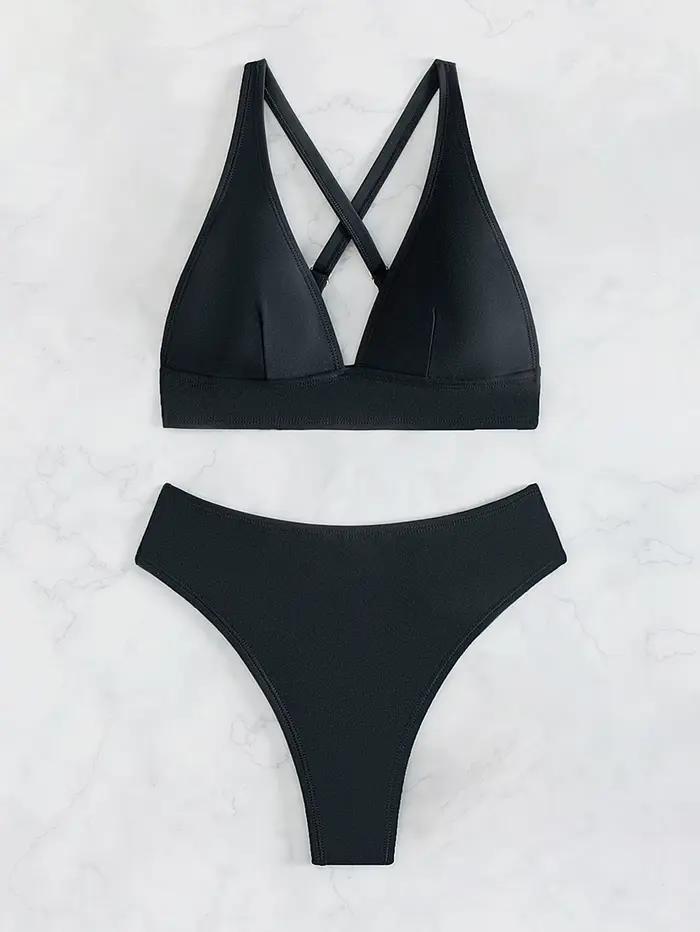 Maillot de bain noir uni pour femme, collection été 2026, ensemble bikini 2 pièces taille haute, mai