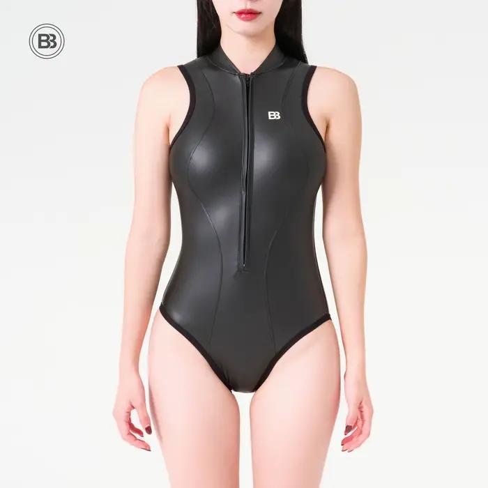 Maillot de bain bikini sans manches métallisé brillant avec fermeture éclair avant, amincissant, pou