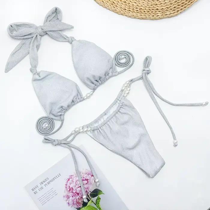 Paillettes maillot De bain Bikini Triangle Bikini ensemble femmes perle taille ceinture maillot De b