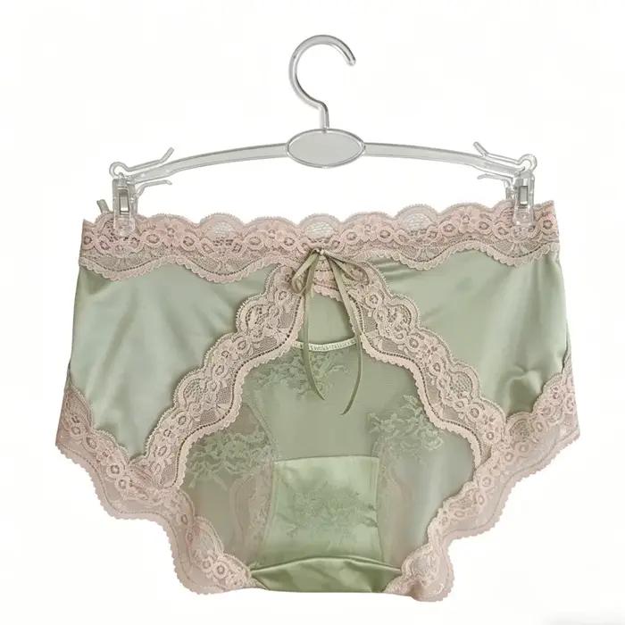 Culottes en satin à taille mi-haute style français avec dentelle, culottes transparentes à nœud en m