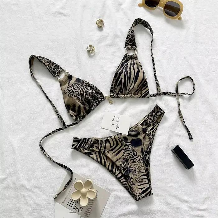 Maillot de bain bikini brésilien léopard pour femme, ensemble deux pièces, coupe haute, rembourré