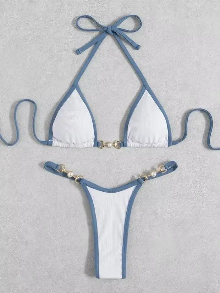 Maillot de bain femmes solide Sexy Bikini ensemble à lacets maillots de bain licou maillot de bain é