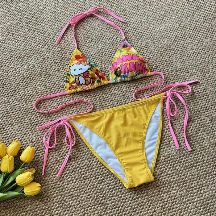 Maillot de bain sexy Hello Kitty japonais Kawaii pour femme, bikini d'été à bretelles fendues, mode 