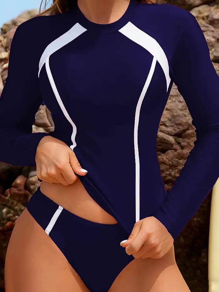 Maillot de bain slim à manches longues 2 pièces pour femme 2026 – Tenue de bain unie, protection sol