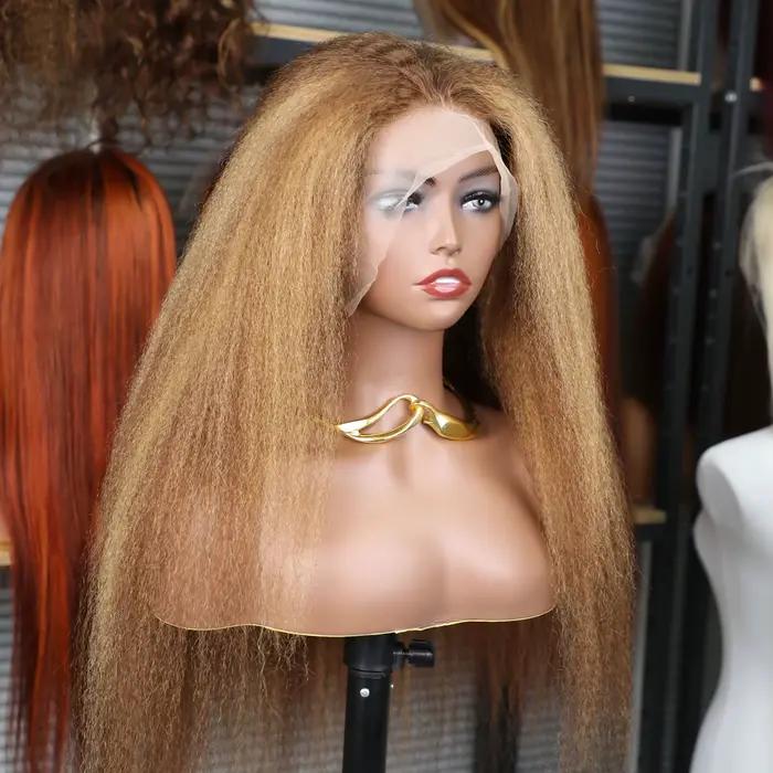 Perruque brésilienne 13x6 Kinky Straight avec mèches 4/27, densité 220%, perruque 13x4 Yaki Straight