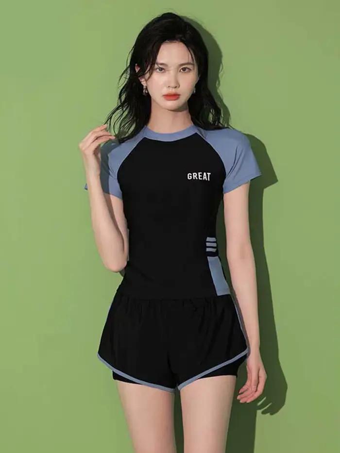 Ensemble de maillot de bain deux pièces pour femme avec manches courtes, protection anti-UV et short