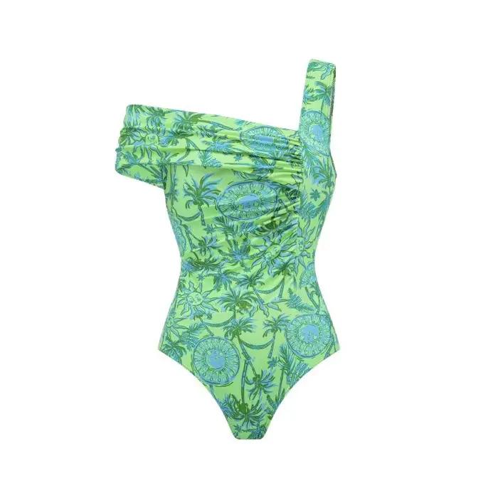 Maillot de bain une pièce à manches longues pour femmes, vert, motif floral, doux et frais, avec jup